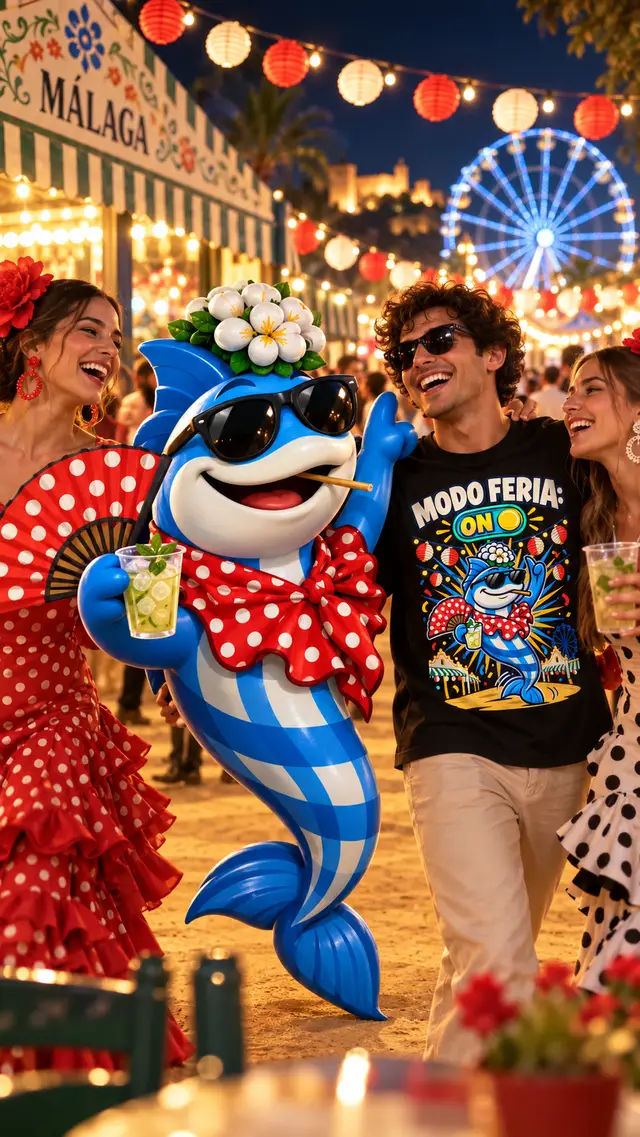 Boquerito de feria con amigos y la camiseta Modo feria activao en una feria andaluza de noche