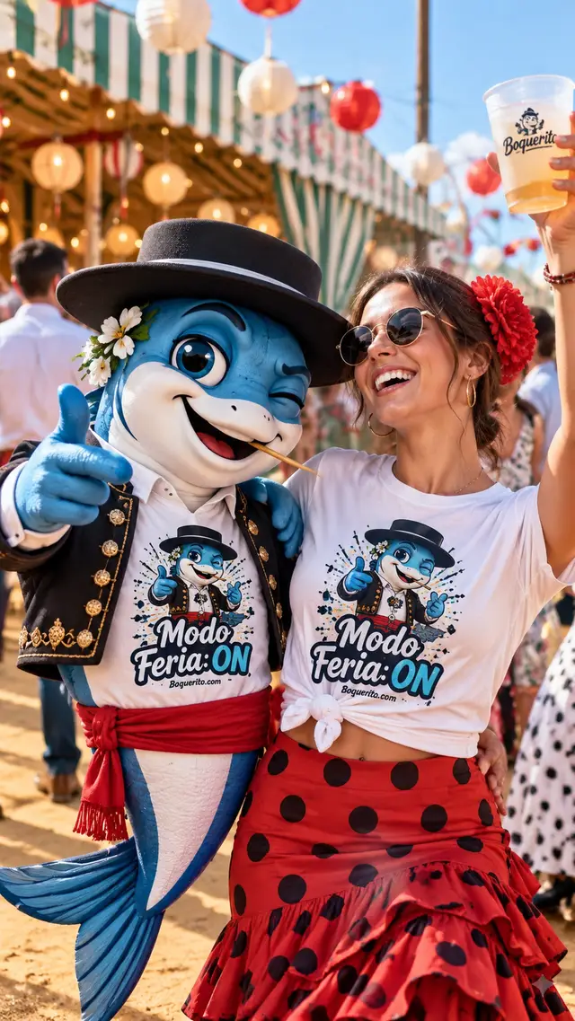 Boquerito vestido de corto y una chica con camiseta Modo feria ON disfrutando una feria andaluza de día