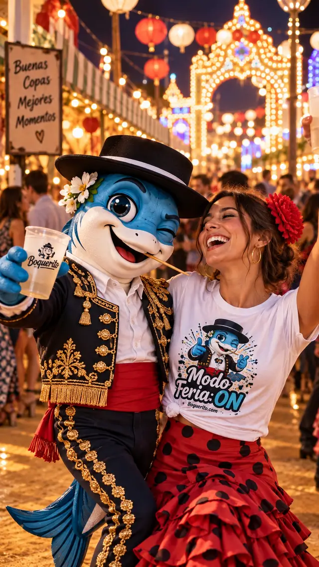 Boquerito vestido de corto celebrando la feria de noche junto a una chica con camiseta Modo feria ON